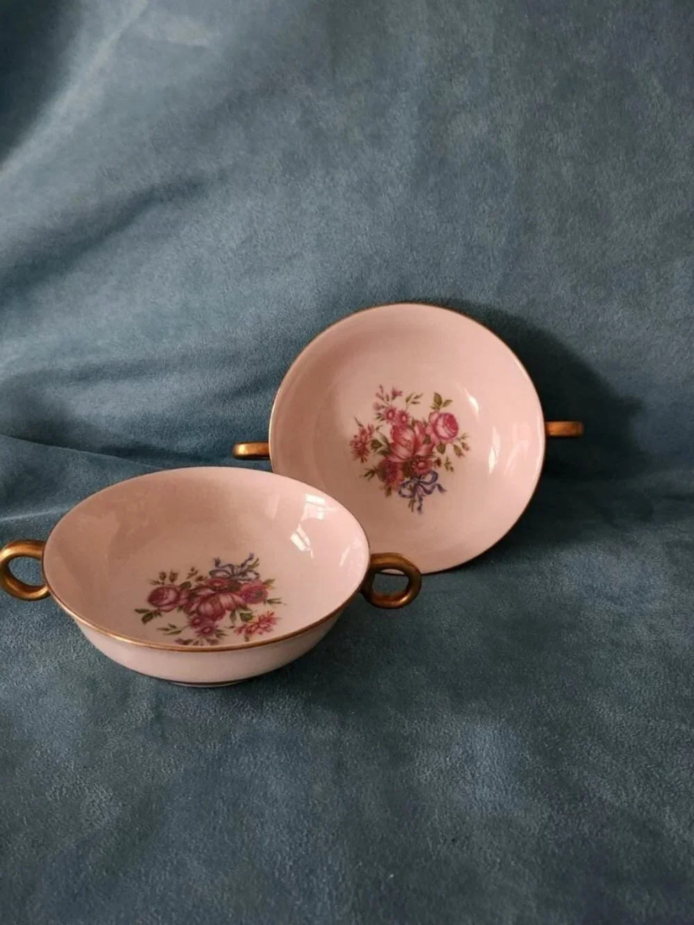 Theodore Haviland New York Cream Soup Bowls Kenmore Pattern gold floral handles